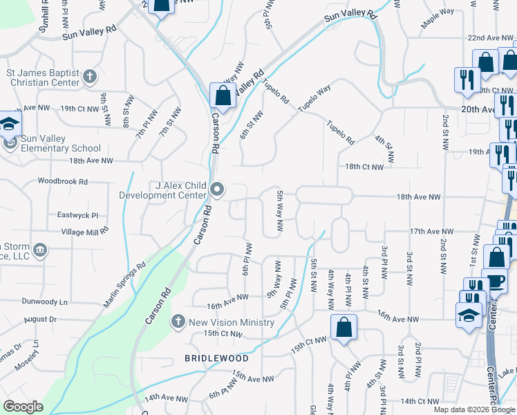 map of restaurants, bars, coffee shops, grocery stores, and more near 1732 6th Street Northwest in Center Point