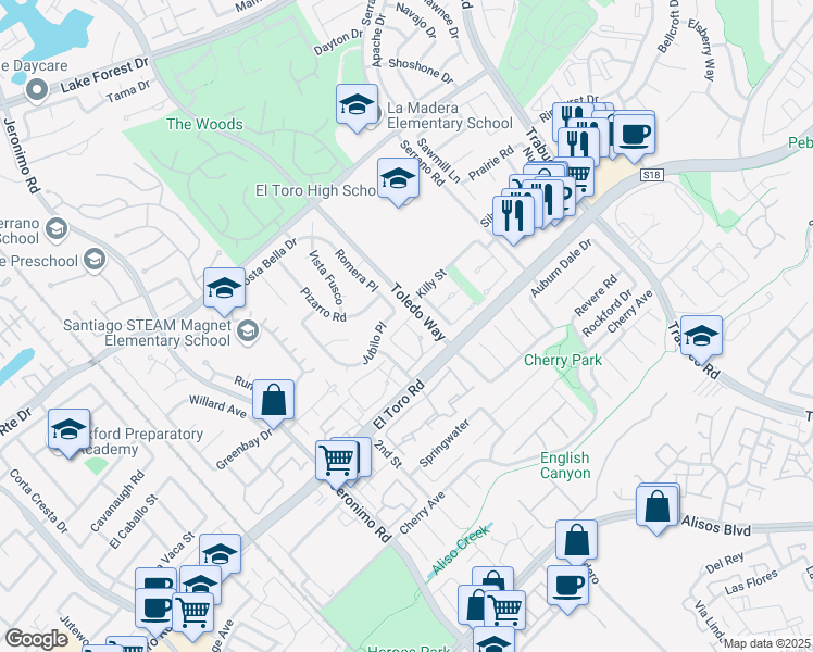 map of restaurants, bars, coffee shops, grocery stores, and more near 22701 Malaga Way in Lake Forest