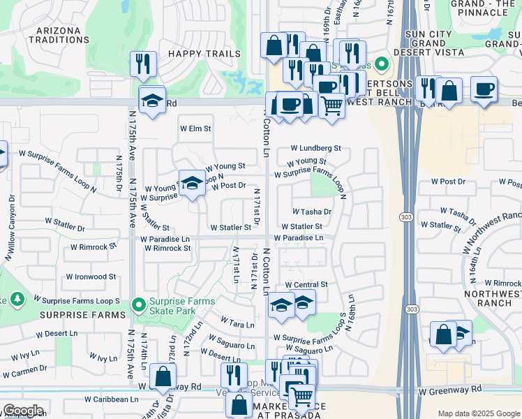 map of restaurants, bars, coffee shops, grocery stores, and more near 16413 North 171st Drive in Surprise