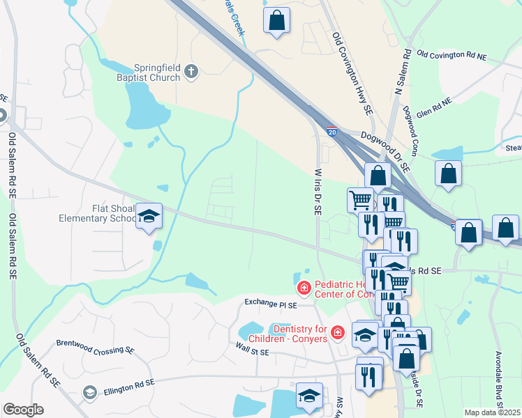 map of restaurants, bars, coffee shops, grocery stores, and more near 2140 Teri Lane Southeast in Conyers