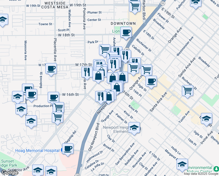 map of restaurants, bars, coffee shops, grocery stores, and more near 1555 Newport Boulevard in Costa Mesa