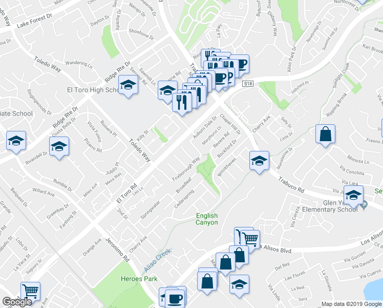 map of restaurants, bars, coffee shops, grocery stores, and more near 25681 Westover Circle in Lake Forest
