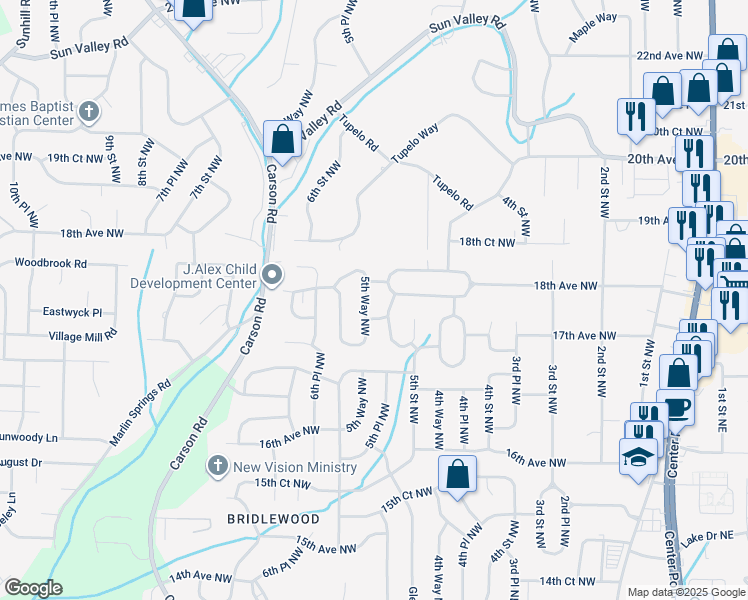 map of restaurants, bars, coffee shops, grocery stores, and more near 1729 5th Way Northwest in Center Point