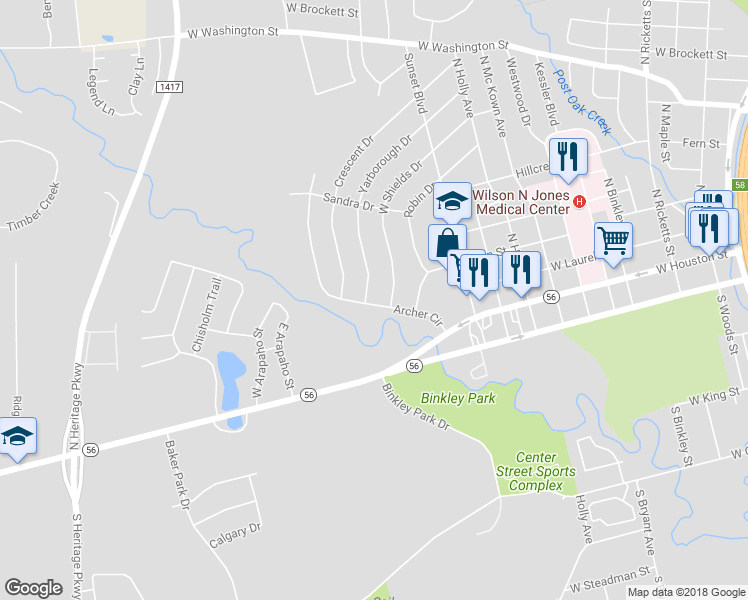 map of restaurants, bars, coffee shops, grocery stores, and more near 1921 Yarborough Drive in Sherman