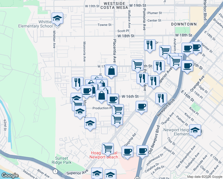 map of restaurants, bars, coffee shops, grocery stores, and more near 830 West 16th Street in Costa Mesa