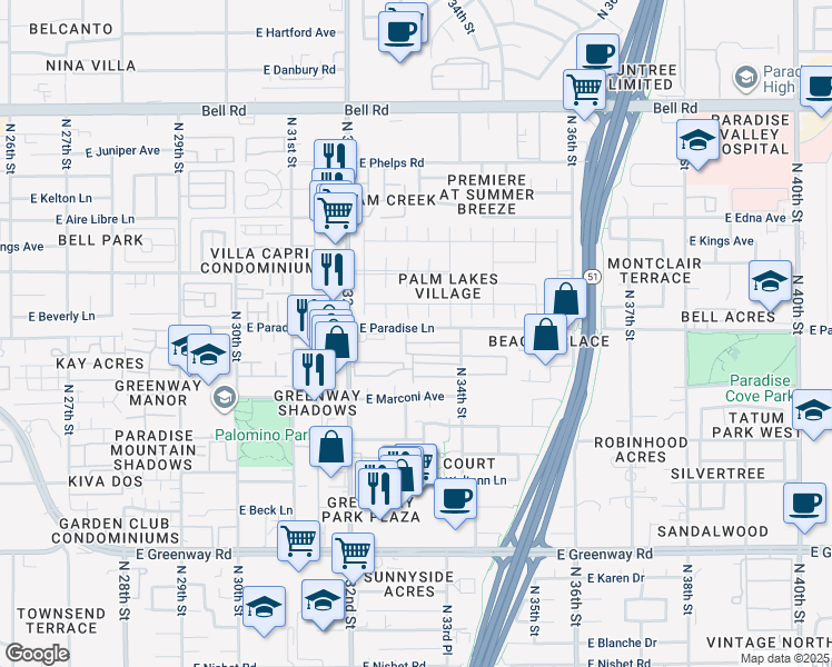 map of restaurants, bars, coffee shops, grocery stores, and more near 16005 North 32nd Street in Phoenix
