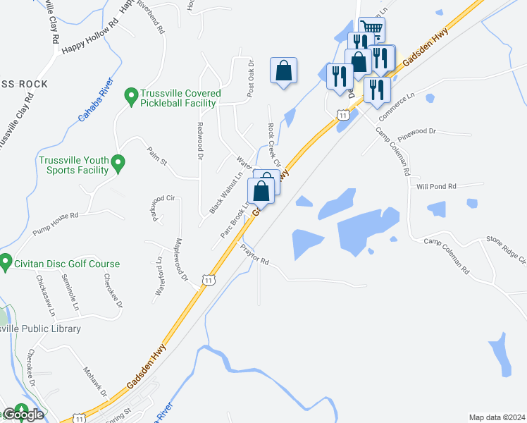 map of restaurants, bars, coffee shops, grocery stores, and more near 6969 Gadsden Highway in Trussville