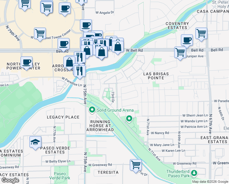 map of restaurants, bars, coffee shops, grocery stores, and more near 16319 North 73rd Drive in Peoria