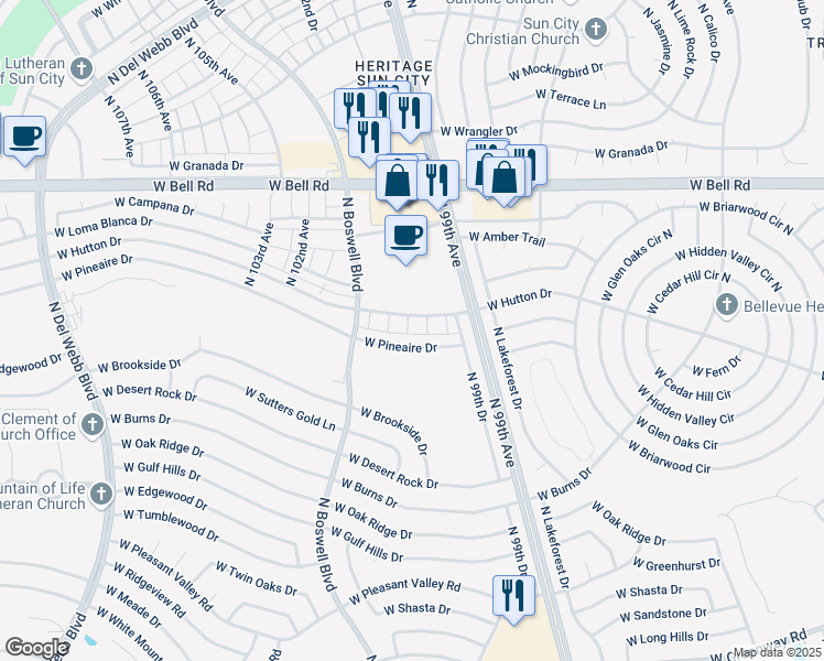 map of restaurants, bars, coffee shops, grocery stores, and more near 9940 West Pineaire Drive in Sun City
