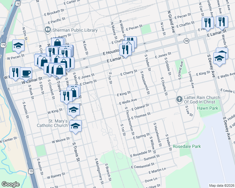 map of restaurants, bars, coffee shops, grocery stores, and more near 607 East King Street in Sherman