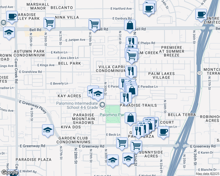 map of restaurants, bars, coffee shops, grocery stores, and more near 3015 East Paradise Lane in Phoenix