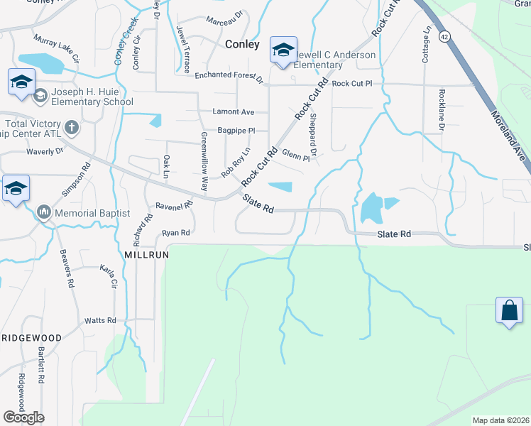 map of restaurants, bars, coffee shops, grocery stores, and more near 1685 Slate Road in Conley