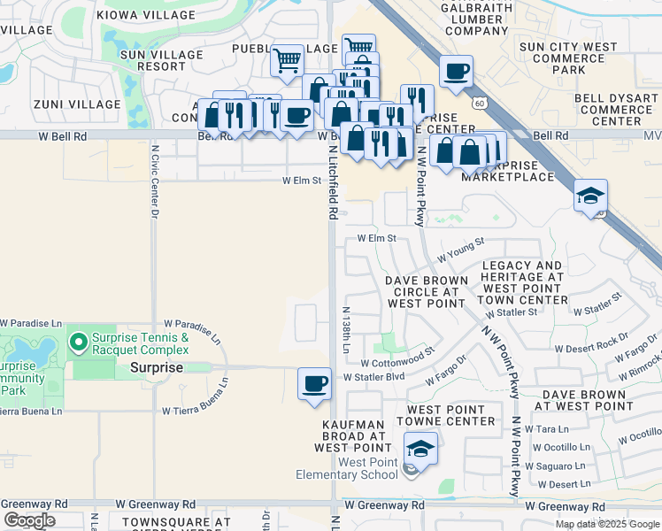 map of restaurants, bars, coffee shops, grocery stores, and more near 16475 North Litchfield Road in Surprise