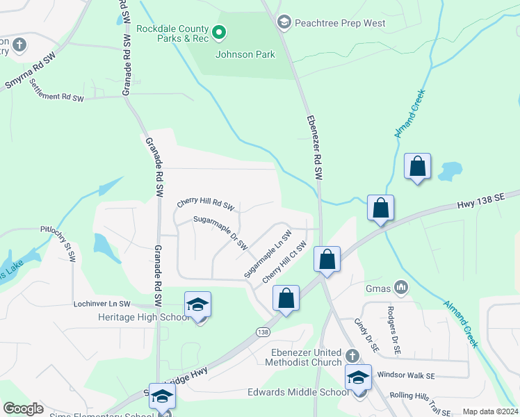 map of restaurants, bars, coffee shops, grocery stores, and more near 1468 Cherry Hill Road Southwest in Conyers
