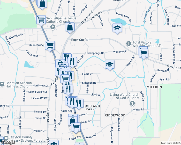 map of restaurants, bars, coffee shops, grocery stores, and more near 4456 Berkshire Road in Forest Park