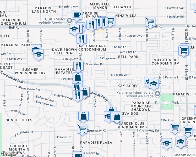 map of restaurants, bars, coffee shops, grocery stores, and more near 2514 East Paradise Lane in Phoenix