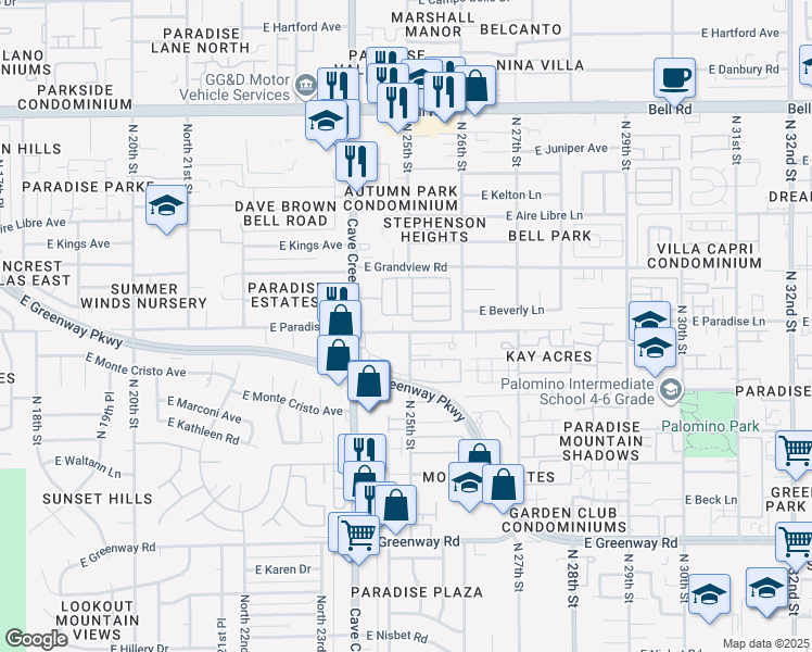 map of restaurants, bars, coffee shops, grocery stores, and more near 2444 East Paradise Lane in Phoenix