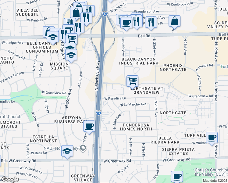 map of restaurants, bars, coffee shops, grocery stores, and more near 2625 West Grandview Road in Phoenix