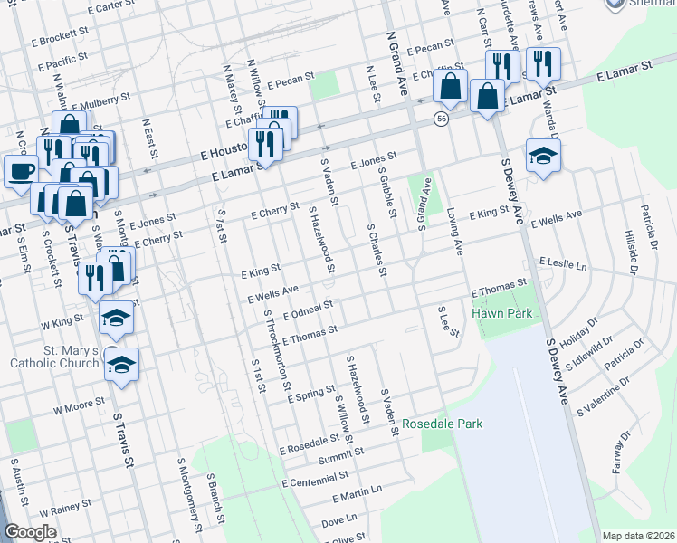 map of restaurants, bars, coffee shops, grocery stores, and more near 1023 Odneal Street in Sherman