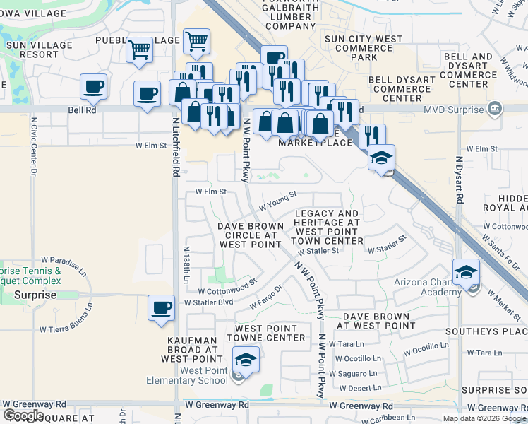 map of restaurants, bars, coffee shops, grocery stores, and more near 16450 North Naegel Drive in Surprise