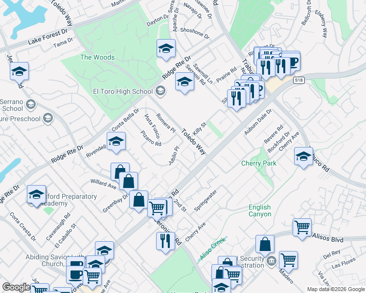 map of restaurants, bars, coffee shops, grocery stores, and more near 22792 Malaga Way in Lake Forest