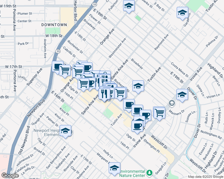 map of restaurants, bars, coffee shops, grocery stores, and more near 321 Cabrillo Street in Costa Mesa