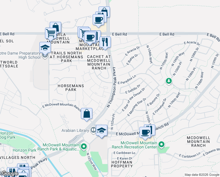 map of restaurants, bars, coffee shops, grocery stores, and more near 16356 North Thompson Peak Parkway in Scottsdale