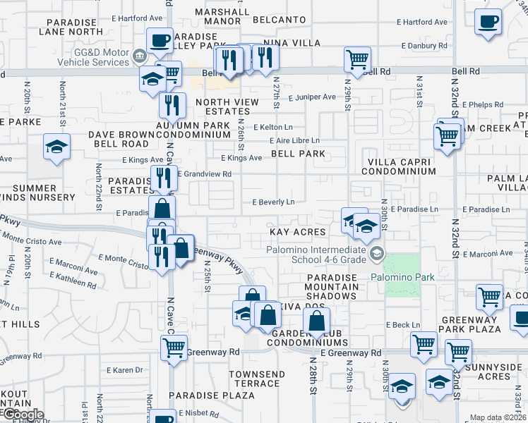 map of restaurants, bars, coffee shops, grocery stores, and more near 16040 North 27th Street in Phoenix