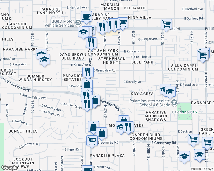 map of restaurants, bars, coffee shops, grocery stores, and more near 2444 East Paradise Lane in Phoenix