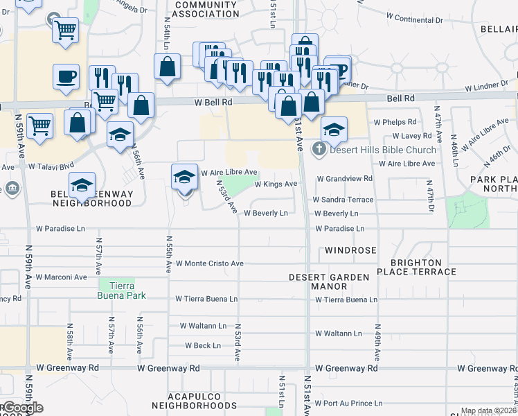 map of restaurants, bars, coffee shops, grocery stores, and more near 5221 West Beverly Lane in Glendale