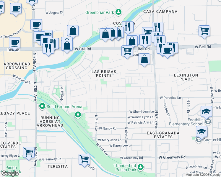 map of restaurants, bars, coffee shops, grocery stores, and more near 16222 North 70th Avenue in Peoria