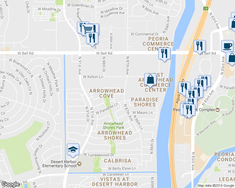 map of restaurants, bars, coffee shops, grocery stores, and more near 8742 West Wedgewood Drive in Peoria