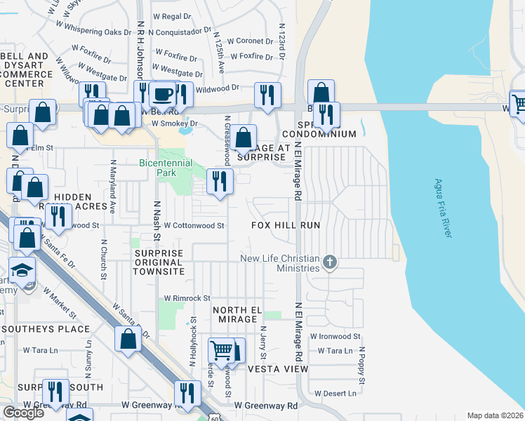 map of restaurants, bars, coffee shops, grocery stores, and more near 16302 North Fox Hill Drive in Surprise