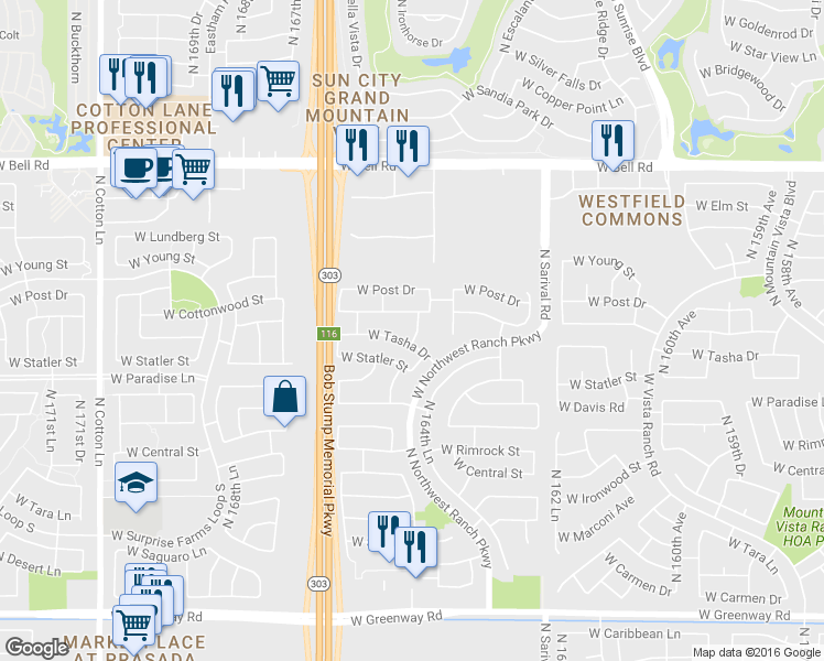 map of restaurants, bars, coffee shops, grocery stores, and more near 16428 North 165th Drive in Surprise