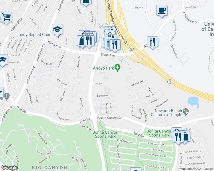 map of restaurants, bars, coffee shops, grocery stores, and more near 6439 Residencia in Newport Beach
