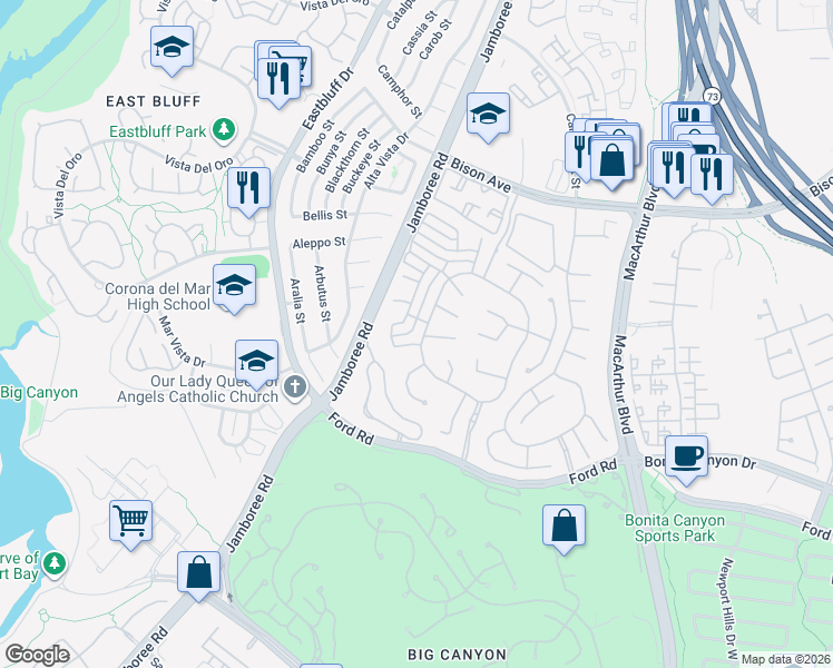 map of restaurants, bars, coffee shops, grocery stores, and more near 8 Crooked Stick Drive in Newport Beach