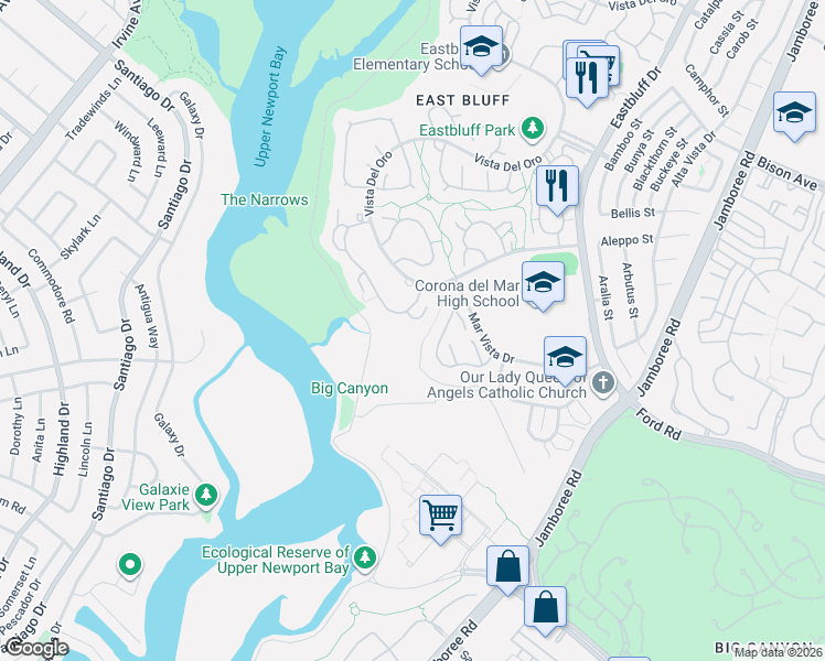 map of restaurants, bars, coffee shops, grocery stores, and more near 505 Avenida Campo in Newport Beach