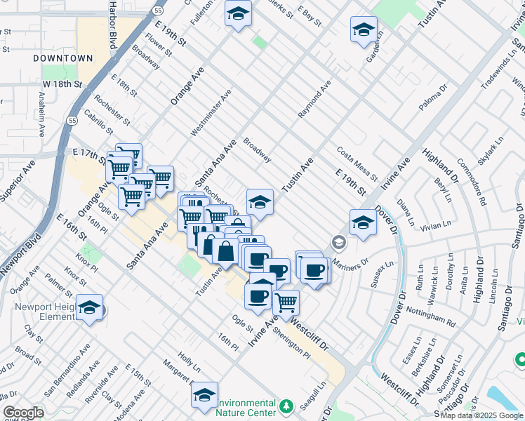 map of restaurants, bars, coffee shops, grocery stores, and more near 390 Rochester Street in Costa Mesa