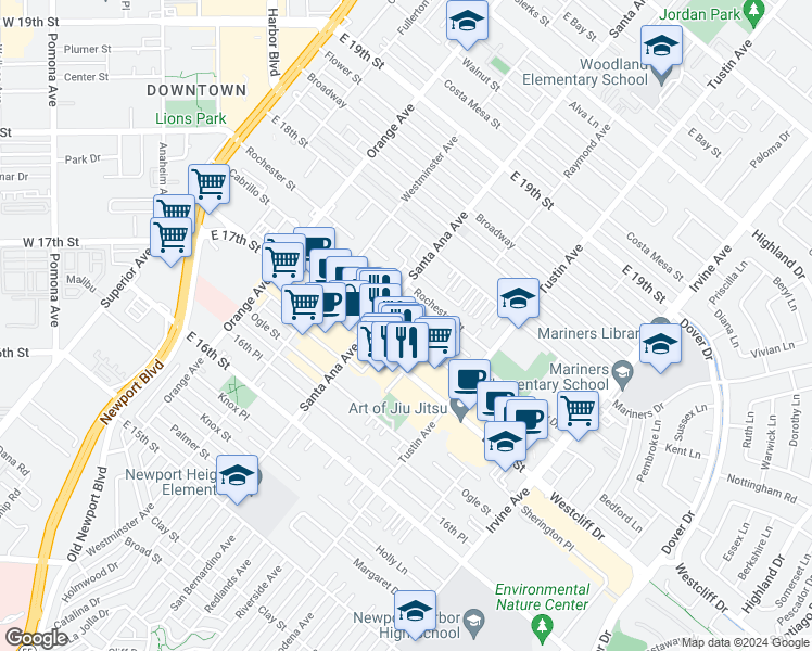 map of restaurants, bars, coffee shops, grocery stores, and more near 329 Cabrillo Street in Costa Mesa