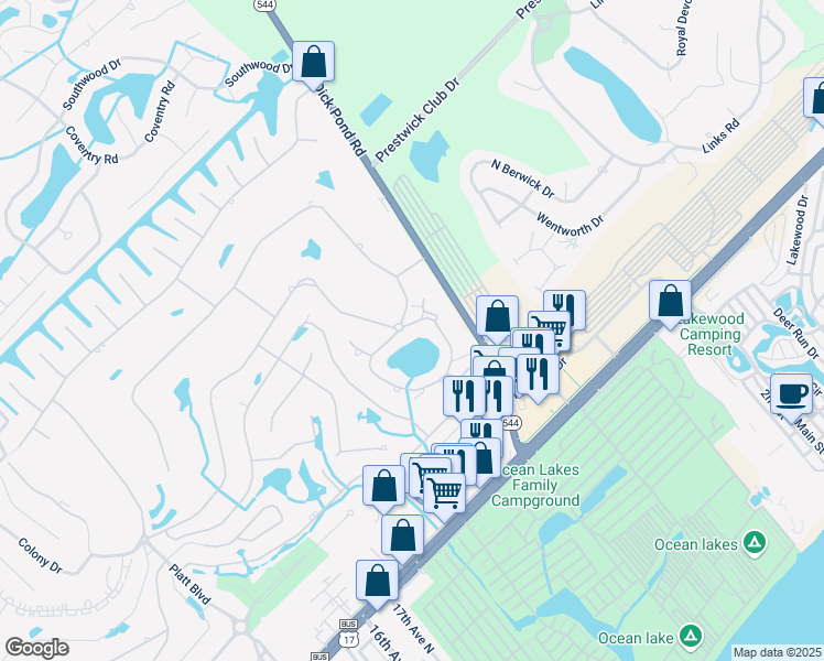 map of restaurants, bars, coffee shops, grocery stores, and more near 1809 Lake View Circle in Myrtle Beach
