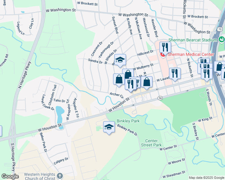 map of restaurants, bars, coffee shops, grocery stores, and more near 153 Archer Circle in Sherman