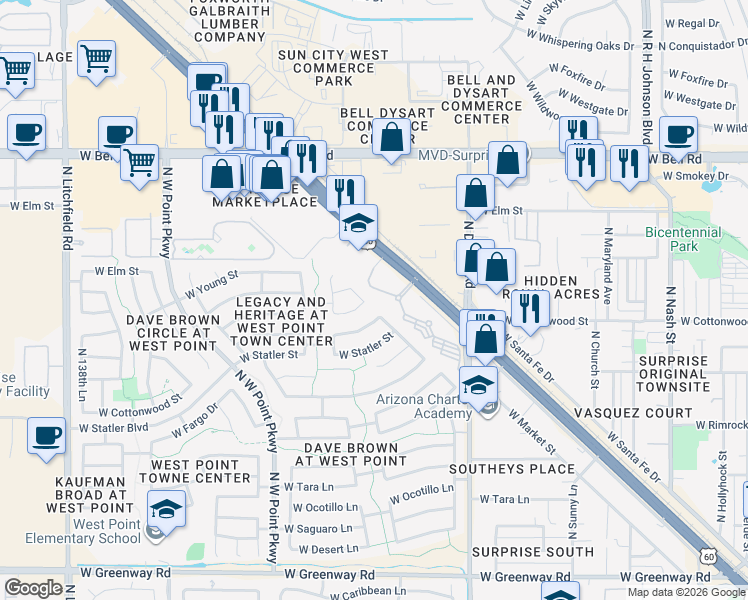 map of restaurants, bars, coffee shops, grocery stores, and more near 13274 West Market Street in Surprise