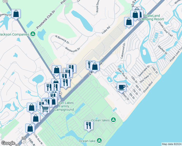 map of restaurants, bars, coffee shops, grocery stores, and more near 5905 South Kings Highway in Myrtle Beach