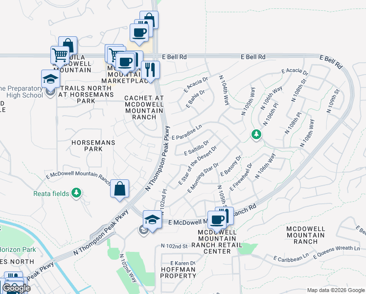 map of restaurants, bars, coffee shops, grocery stores, and more near 10343 East Saltillo Drive in Scottsdale