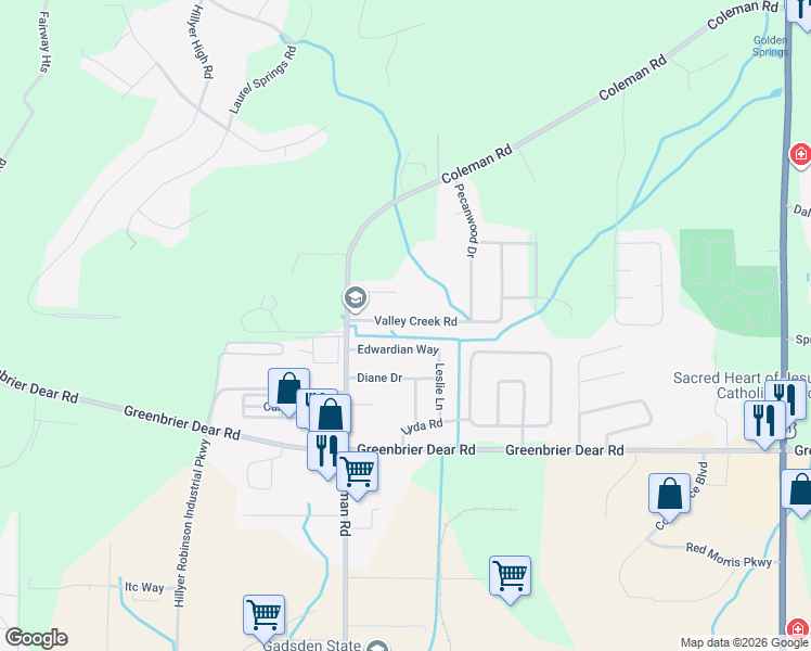 map of restaurants, bars, coffee shops, grocery stores, and more near 1801 Edwardian Way in Anniston