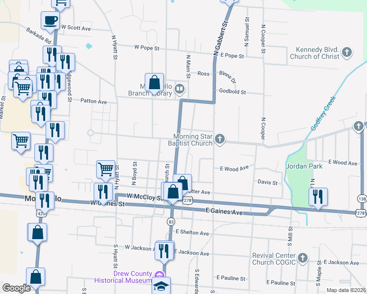 map of restaurants, bars, coffee shops, grocery stores, and more near 562 Bailey in Monticello