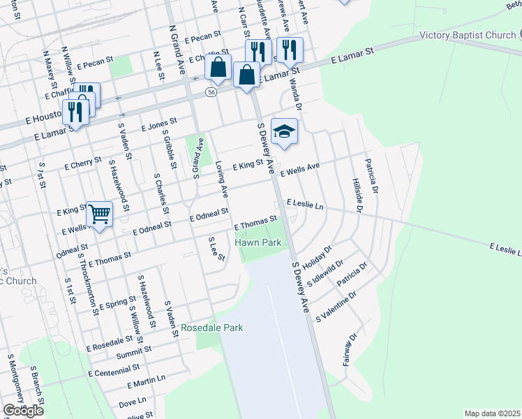 map of restaurants, bars, coffee shops, grocery stores, and more near 1611 East Thomas Street in Sherman