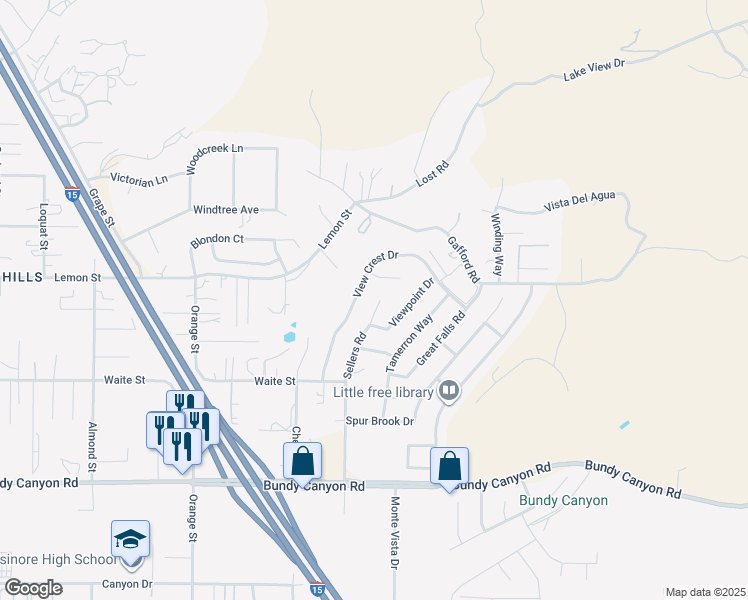 map of restaurants, bars, coffee shops, grocery stores, and more near 33555 Sellers Road in Wildomar
