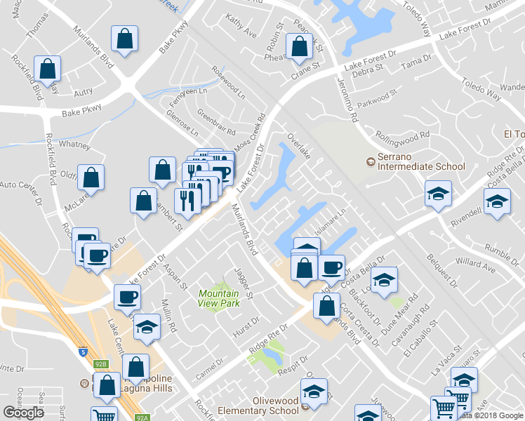 map of restaurants, bars, coffee shops, grocery stores, and more near 22706 Wood Lake Lane in Lake Forest