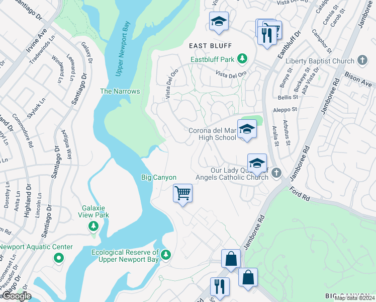 map of restaurants, bars, coffee shops, grocery stores, and more near 507 Avenida Campo in Newport Beach
